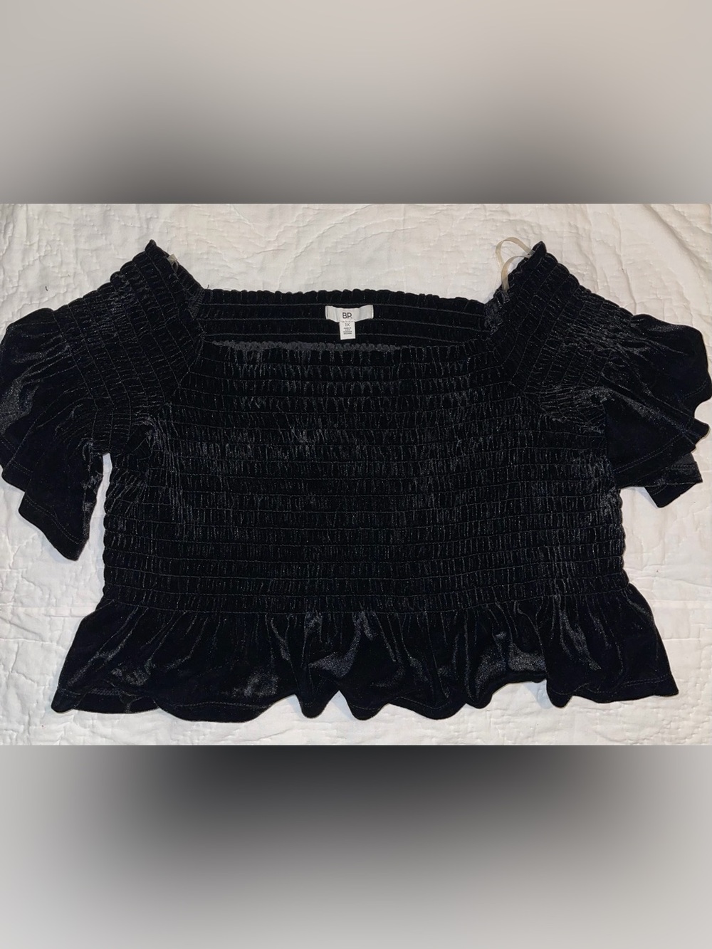 BP Black Smocked Velvet Off-Shoulder Crop Top - 1X